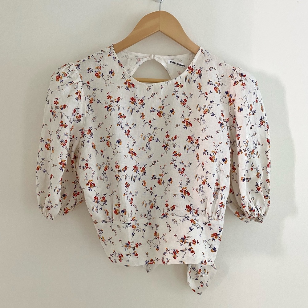 Rare Reformation White Floral Biscotti Linen Top